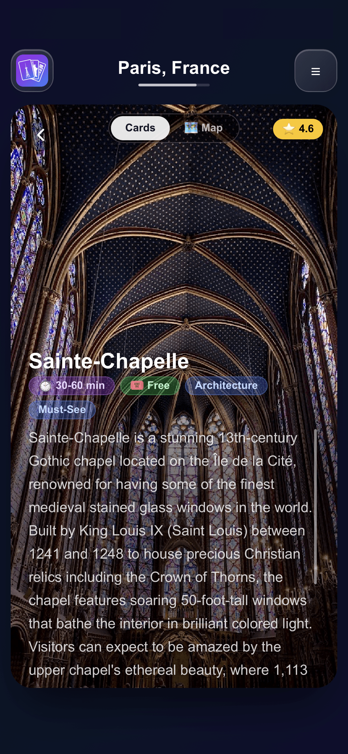 SwipeSights attraction detail card with full description