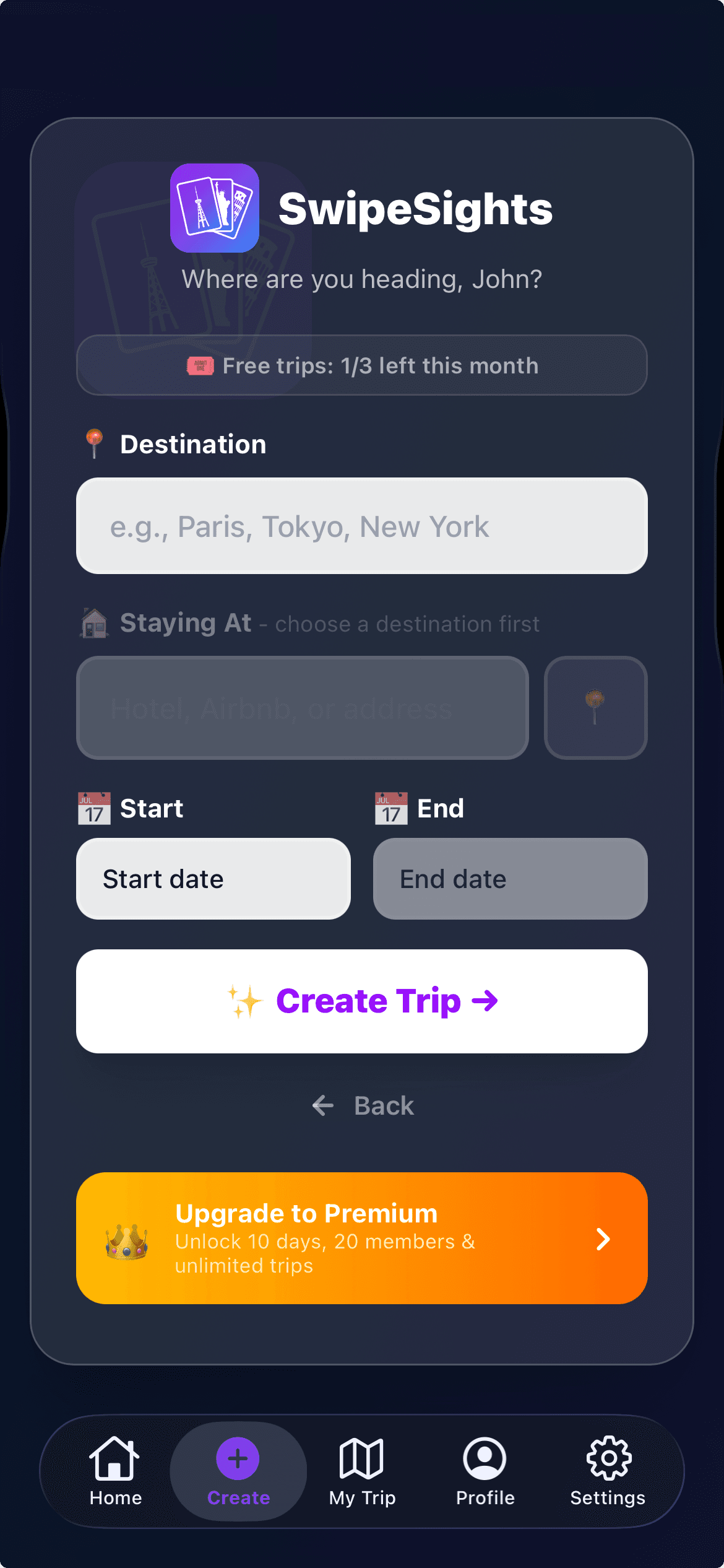 SwipeSights create trip screen showing destination and date picker