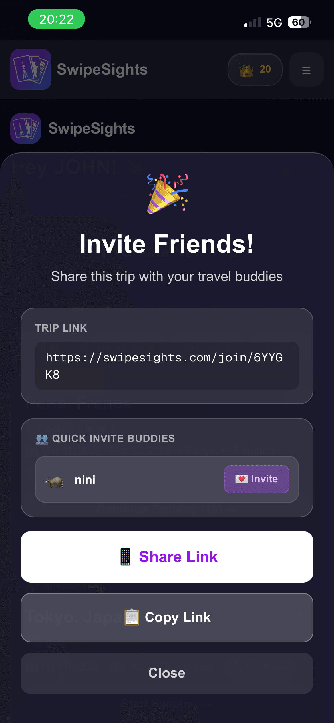 SwipeSights invite friends screen with share link