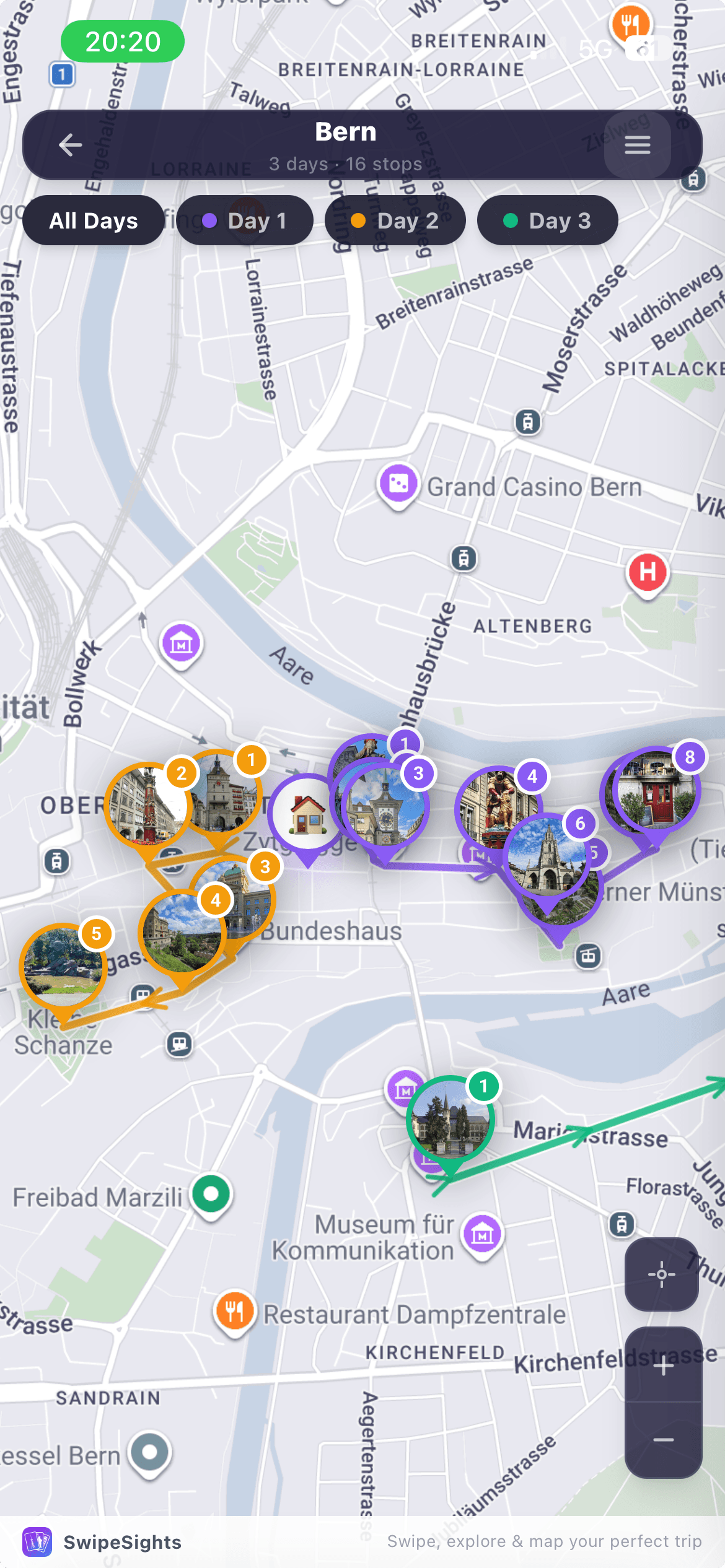 SwipeSights interactive route map showing color-coded walking routes across different days in Bern