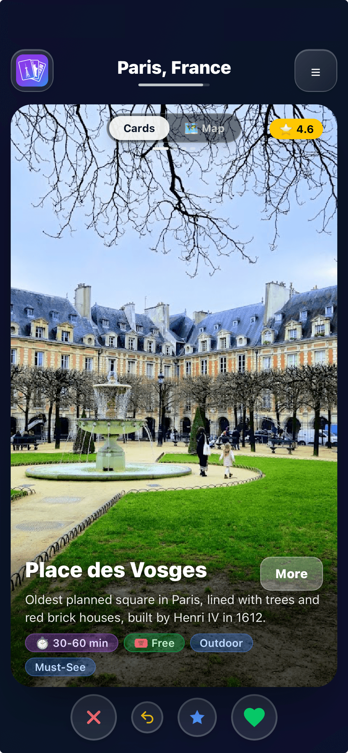 SwipeSights swipe card showing Arc de Triomphe with rating and description