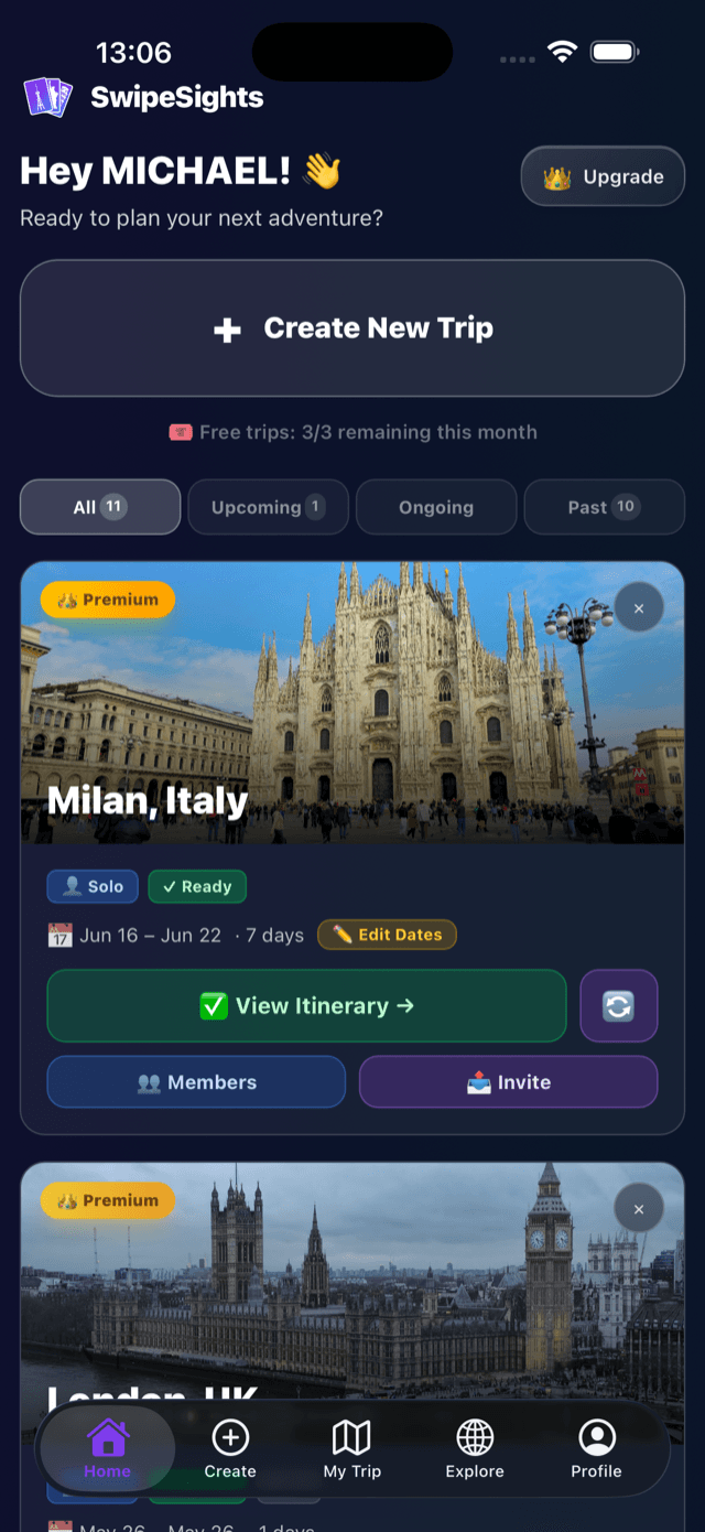 SwipeSights redesigned dashboard showing trips and a create-trip button
