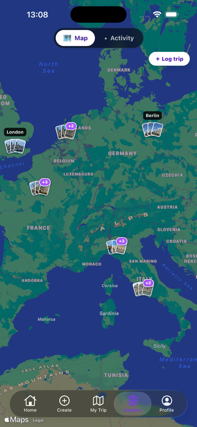 SwipeSights interactive Explore map of Europe with markers for visited places