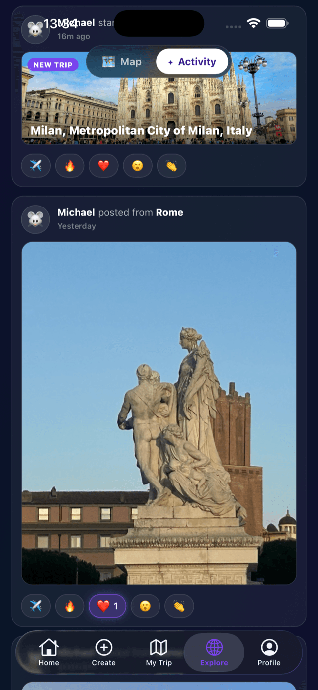 SwipeSights activity feed showing a friend's trip and stamp with reactions