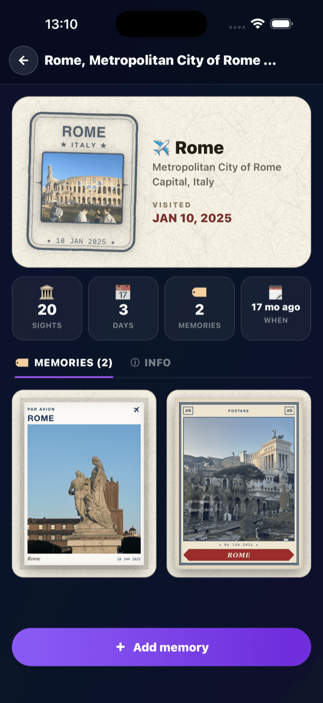 SwipeSights trip memories shown as vintage postage stamps with trip photos
