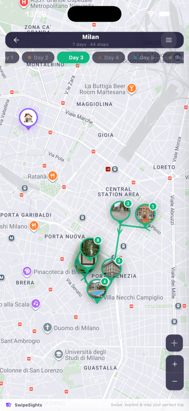 SwipeSights route map showing one optimized day connecting numbered stops across a city