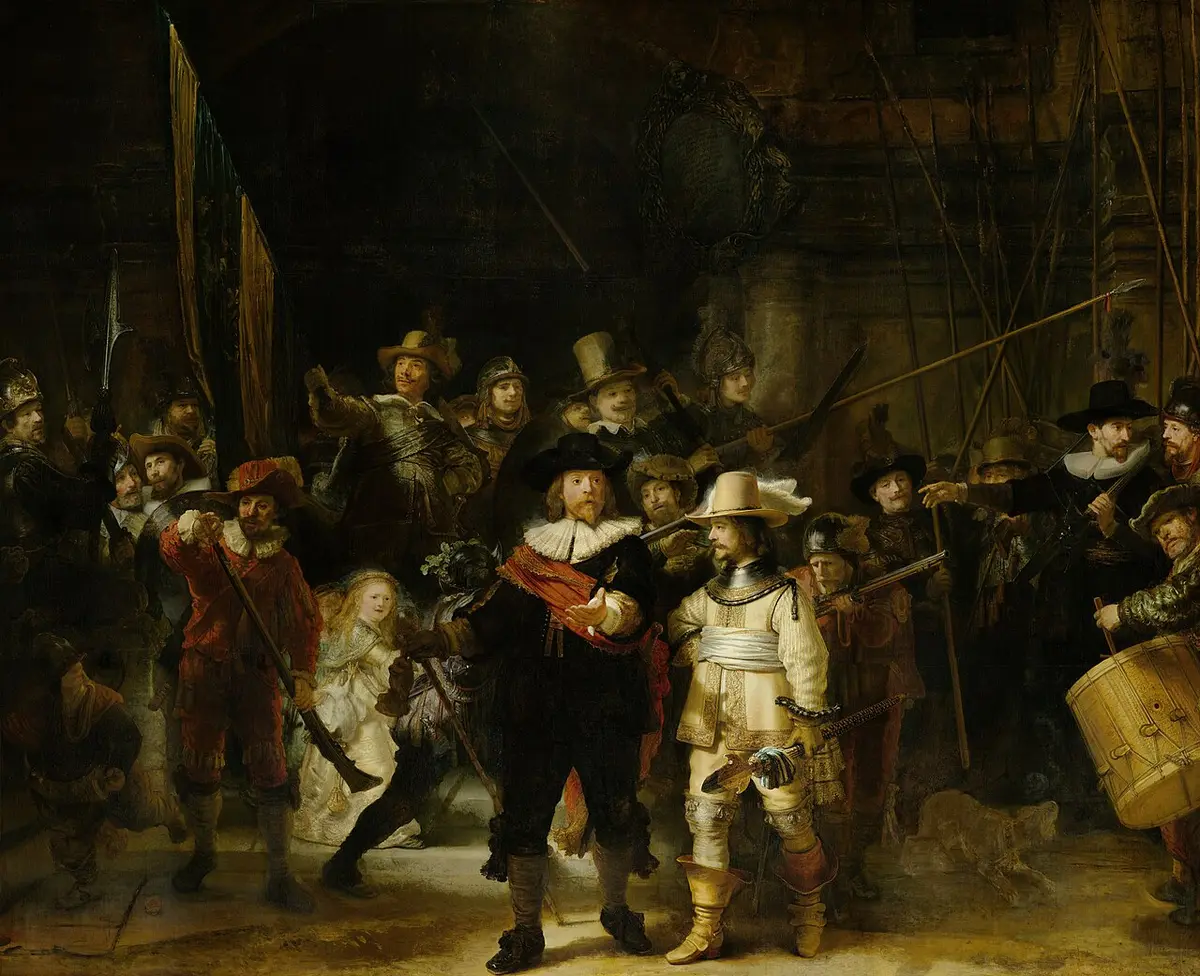 Rembrandt painting of a militia company stepping forward, its captain in black and lieutenant in pale gold at the center