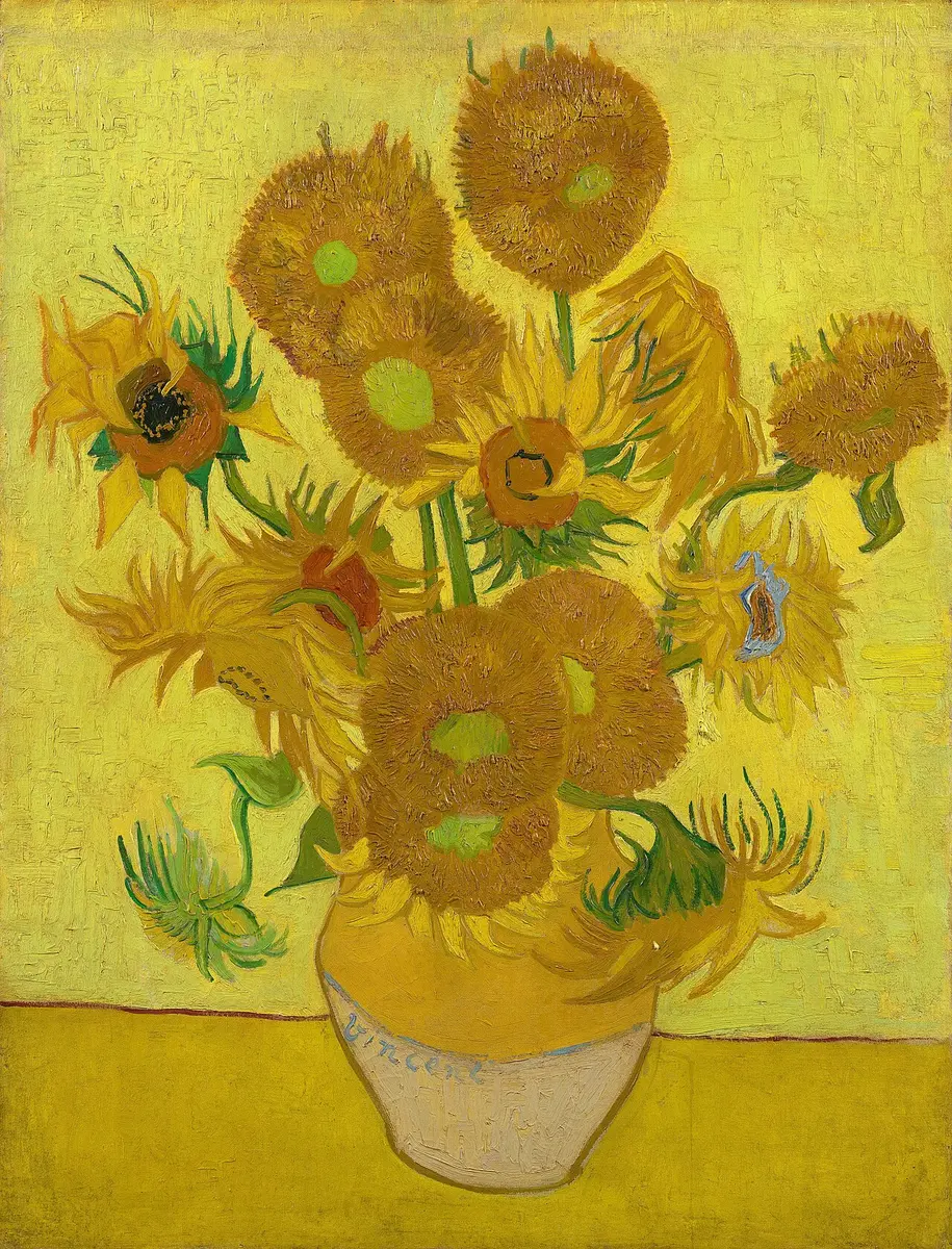 Van Gogh painting of sunflowers in a vase against a yellow background