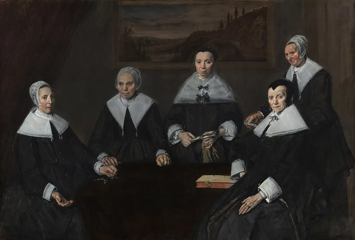 Frans Hals painting of five women in black with white collars seated around a table