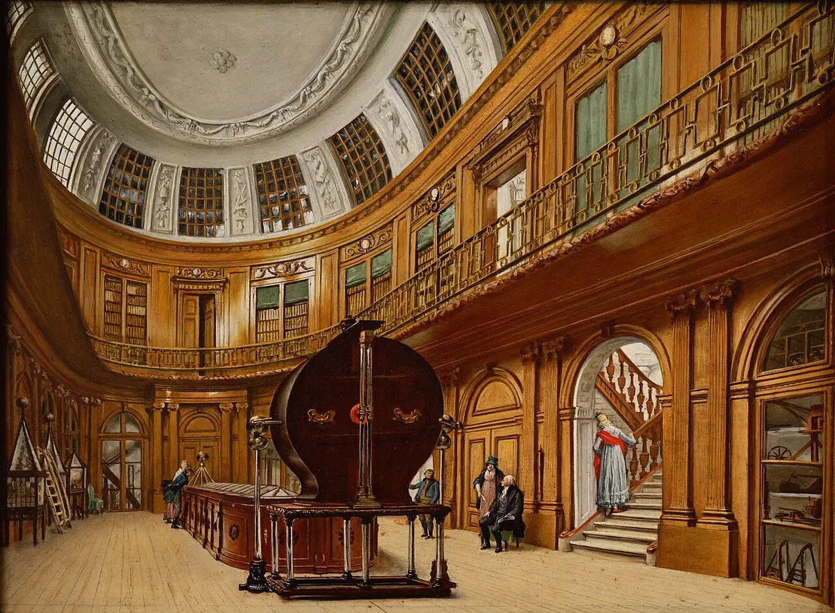 Painting of the Oval Room of Teylers Museum, with a huge electrostatic generator in the middle and visitors around it