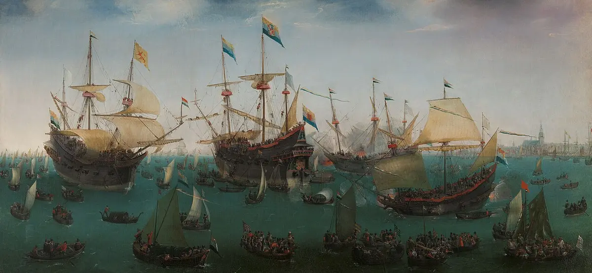 Painting of four tall ships arriving on the IJ, surrounded by small boats, with the Amsterdam skyline on the right