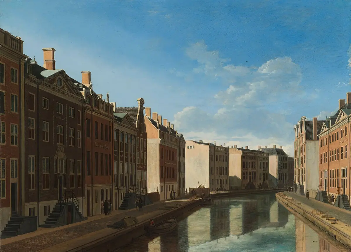 Painting of the curve of the Herengracht lined with new stone canal houses under a blue sky