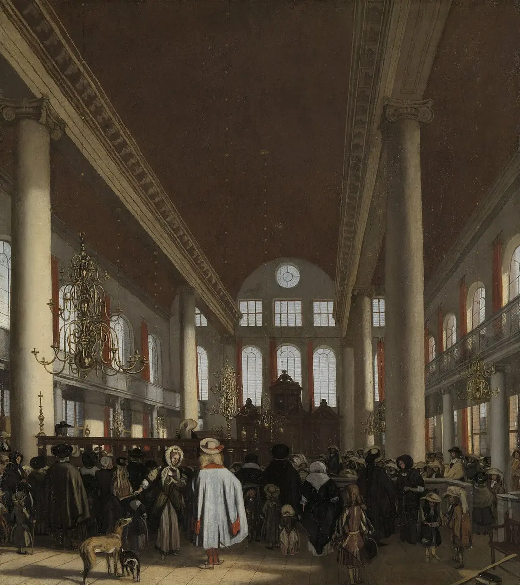 Painting of a service in the tall, light interior of the Portuguese Synagogue, with visitors and children in the foreground