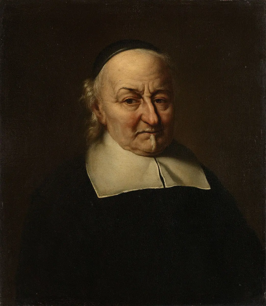 Oil portrait of the aged poet Joost van den Vondel in a black cap and white collar