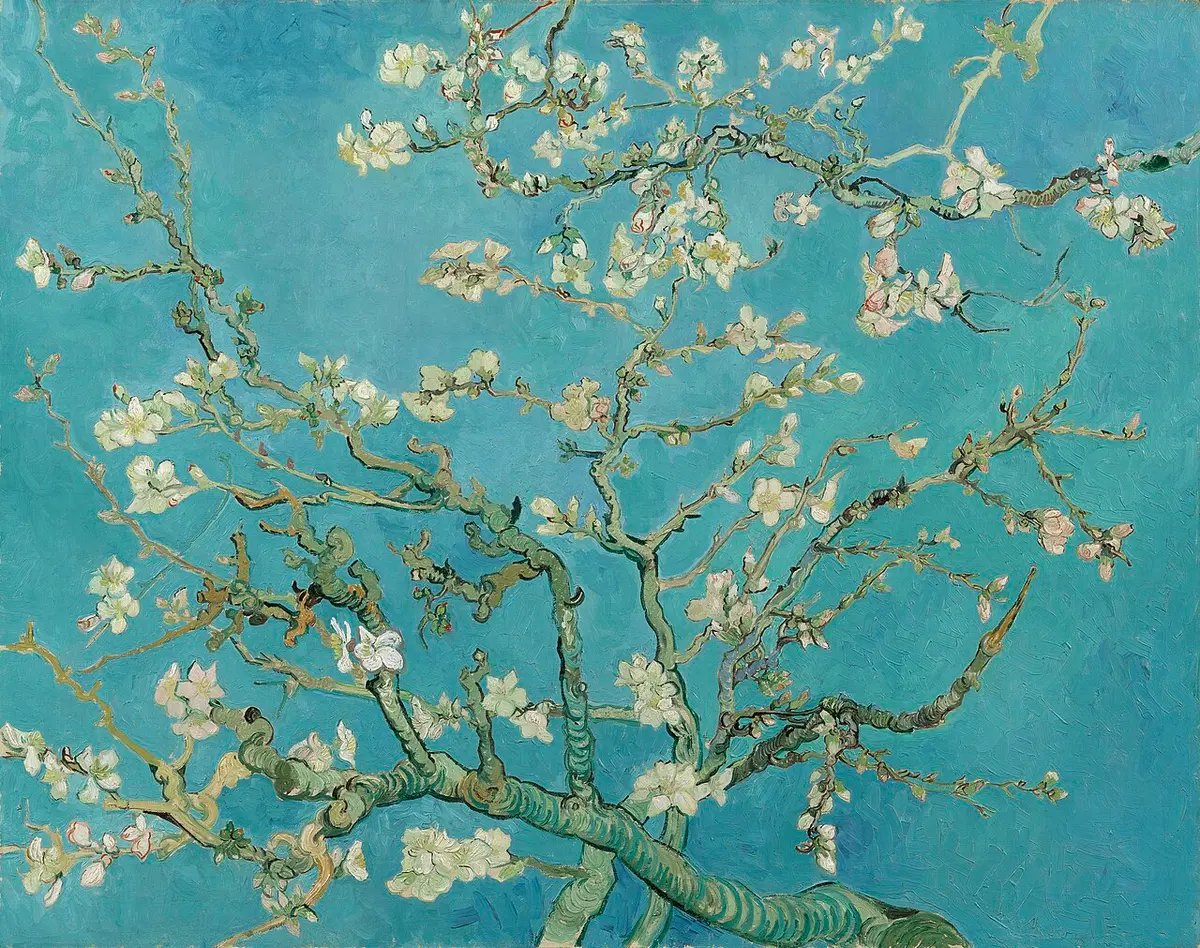 Van Gogh painting of white almond blossom on branches against a blue sky