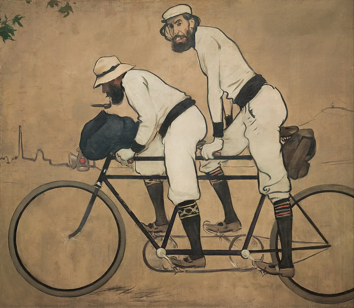 Painting of two bearded men in white riding a tandem bicycle, a faint city skyline behind them
