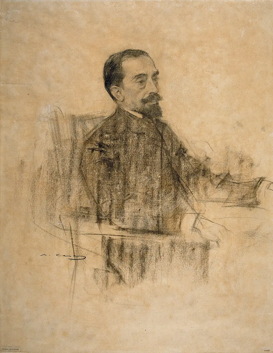 Charcoal drawing of the poet Joan Maragall, seated, with a beard and mustache