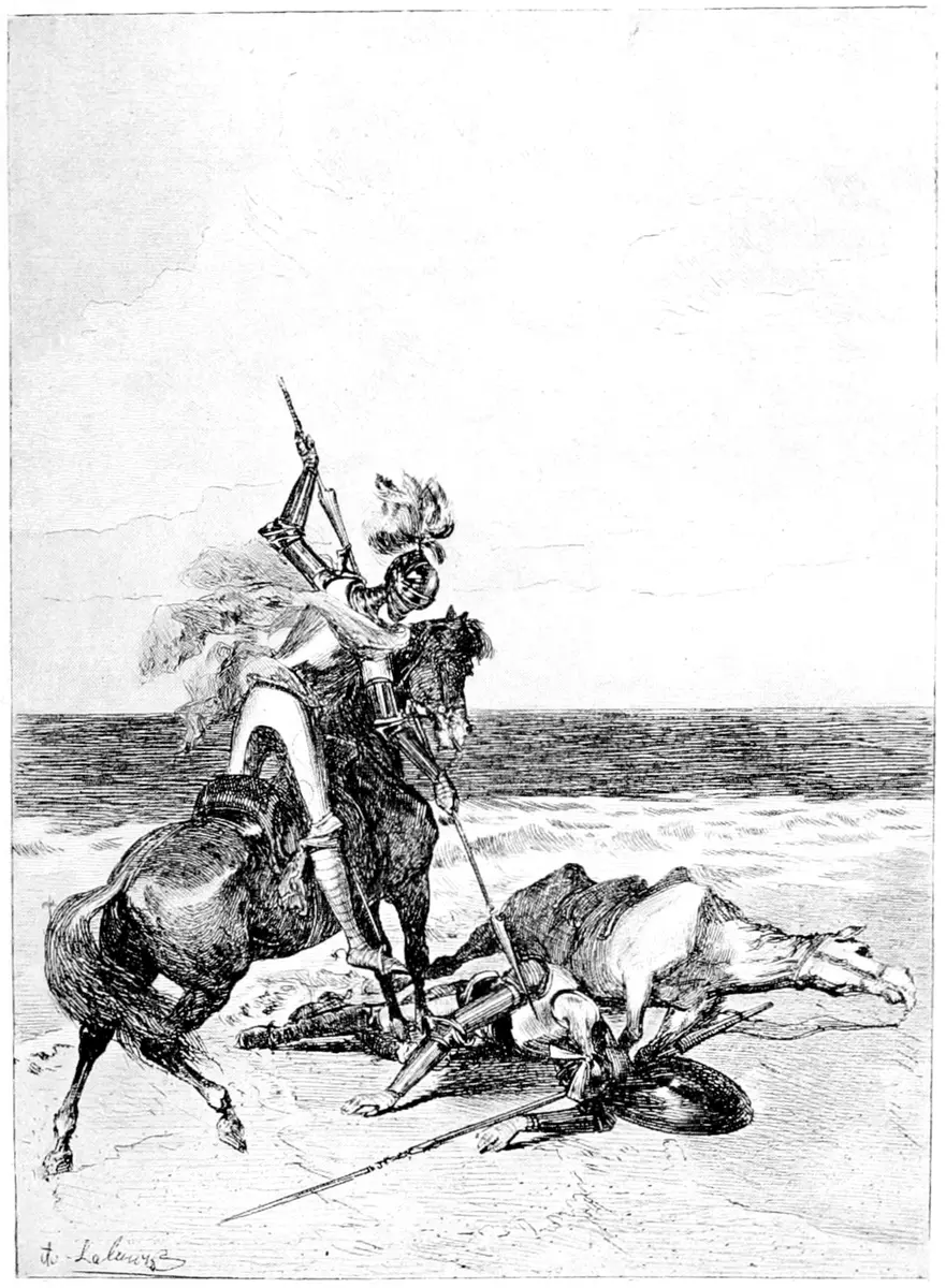 Etching of a knight on horseback standing over Don Quixote and his horse, fallen on a beach