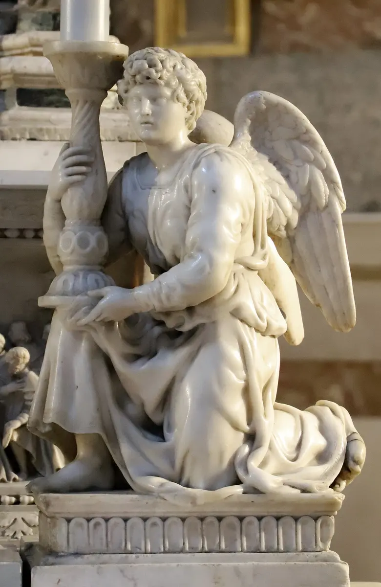 A kneeling marble angel holding a candlestick, carved by the young Michelangelo