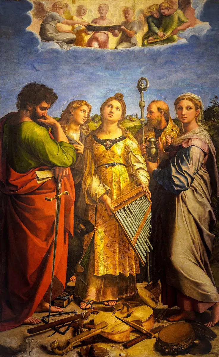 Raphael painting of Saint Cecilia holding a small organ and looking up at a choir of angels, four saints beside her and broken instruments at her feet