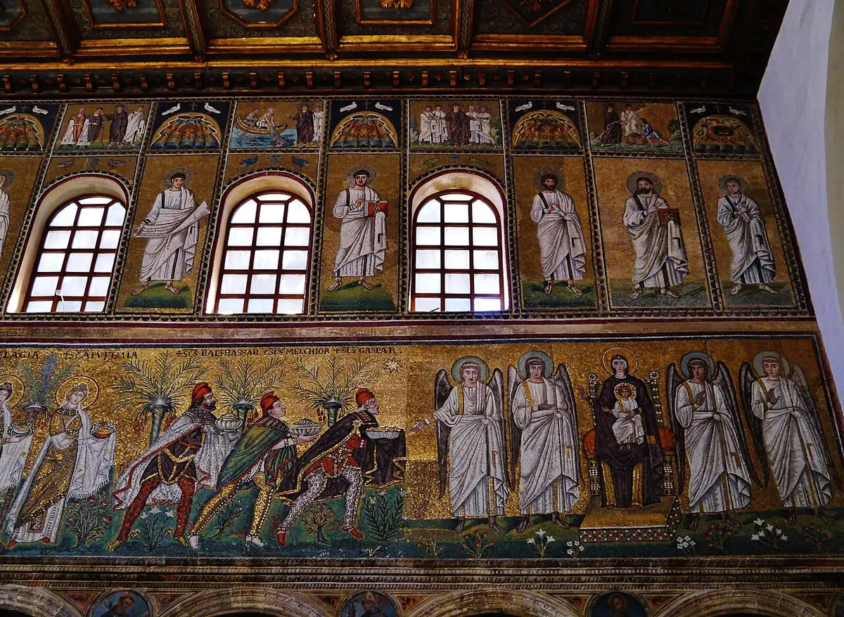 Mosaic of the Three Kings in red caps leading a line of women saints toward the enthroned Virgin and Child