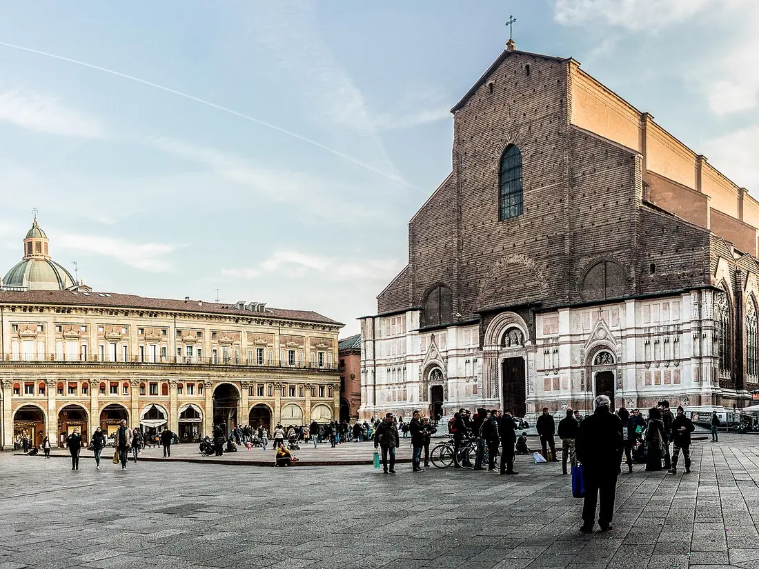 Piazza Maggiore and the basilica of San Petronio, its front faced in marble only at the bottom