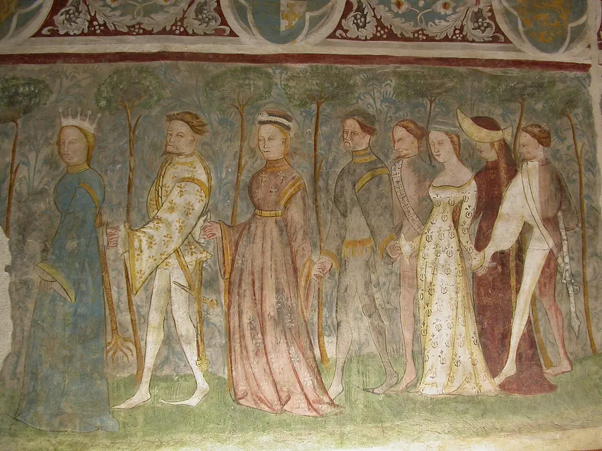 Fresco of a row of courtly men and women dancing hand in hand