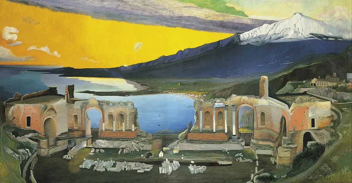 Painting of the ruined Greek theater of Taormina above a blue bay, Etna white with snow under a yellow sky