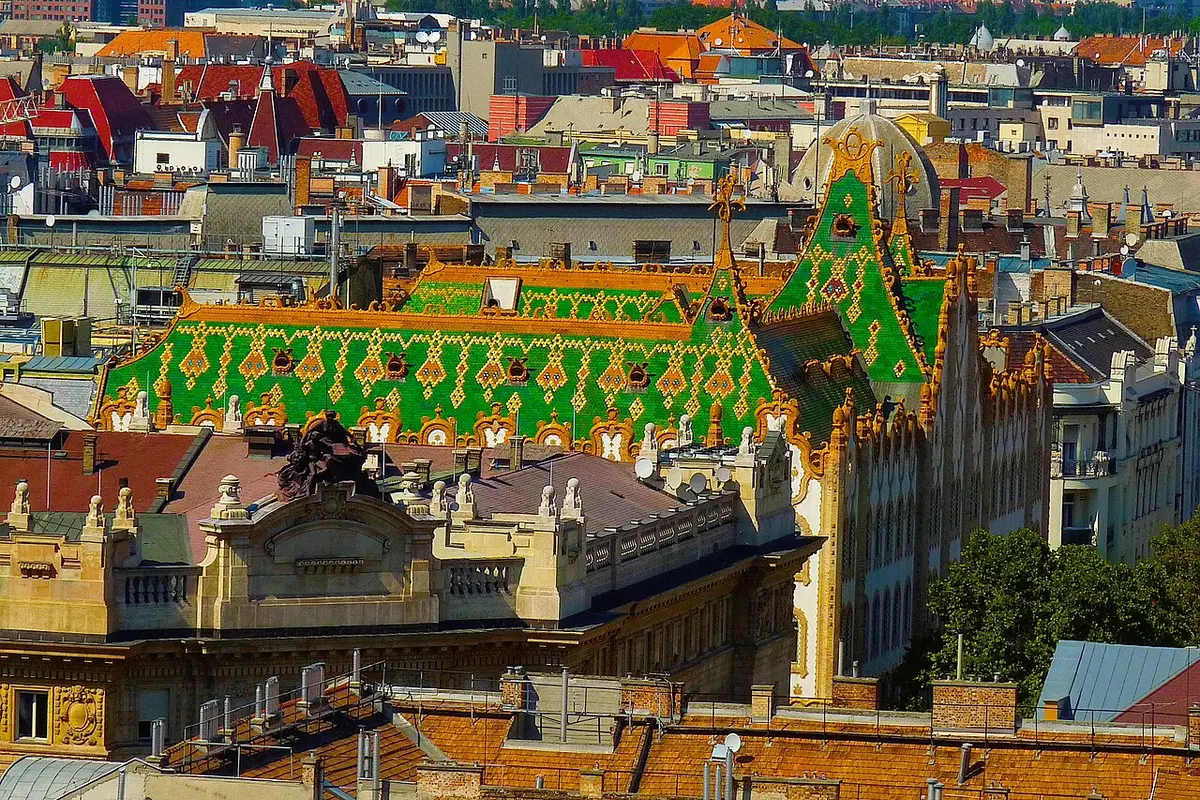 The green and yellow tiled roof of Ödön Lechner’s former Postal Savings Bank, seen from above