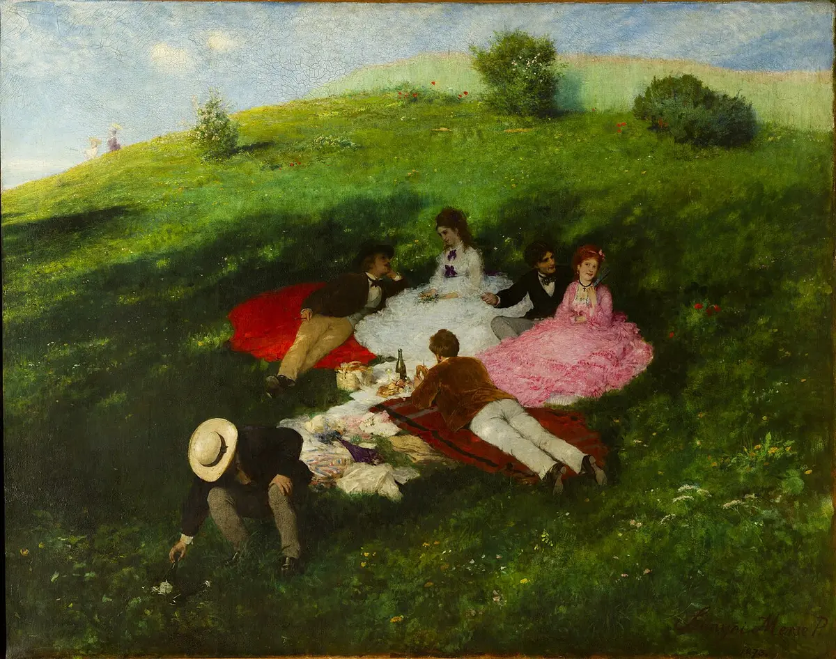 Painting of a party in 1870s dress picnicking on a green hillside under a blue sky