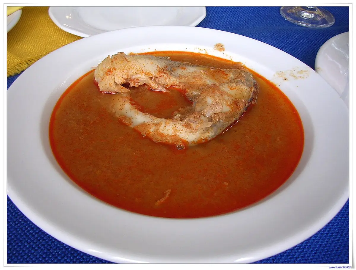 Fisherman’s soup: a piece of carp in a deep red paprika broth