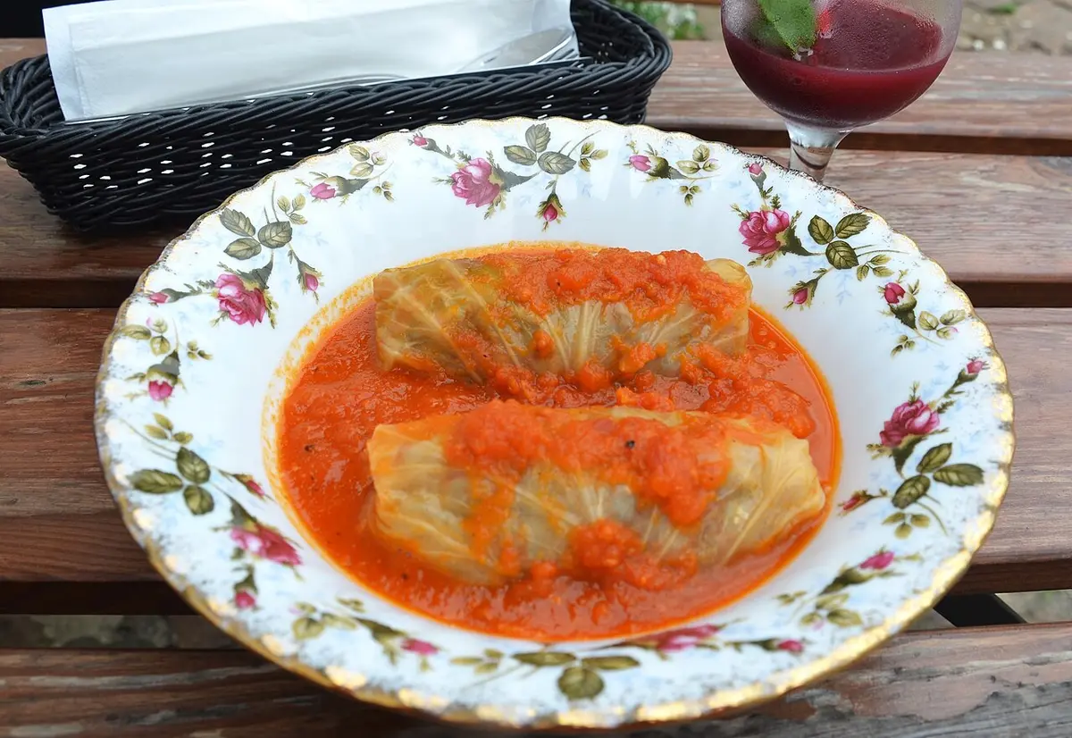 Two stuffed cabbage rolls in a red sauce on a flowered plate