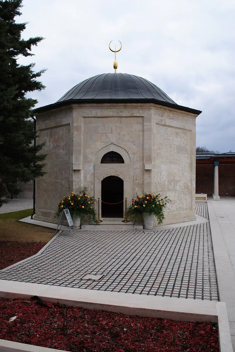 The octagonal stone tomb of Gül Baba with its lead dome, on the Rose Hill