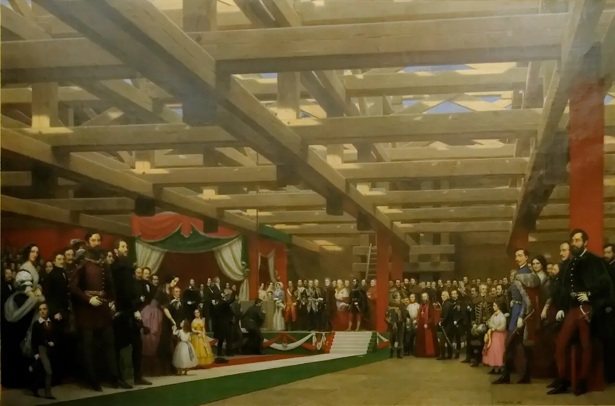 Painting of a crowd in 1840s dress under the timber scaffolding of the bridge abutment, gathered for the laying of the foundation stone