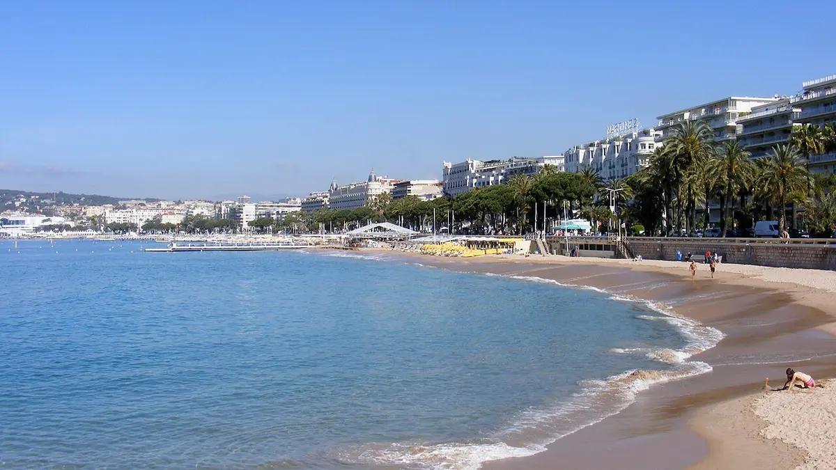 The sandy beach of the Croisette curving along the bay, with palm trees and white hotel fronts behind