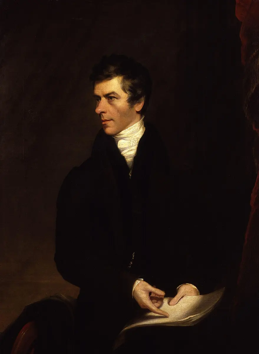 Portrait of Henry Brougham in a dark coat and white cravat, holding papers