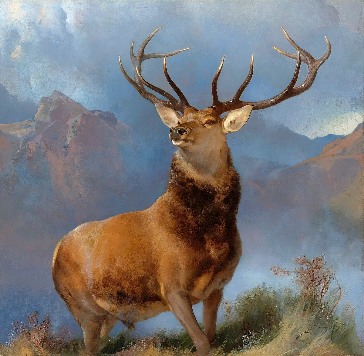 Painting of a red deer stag with great antlers standing before misty Highland mountains