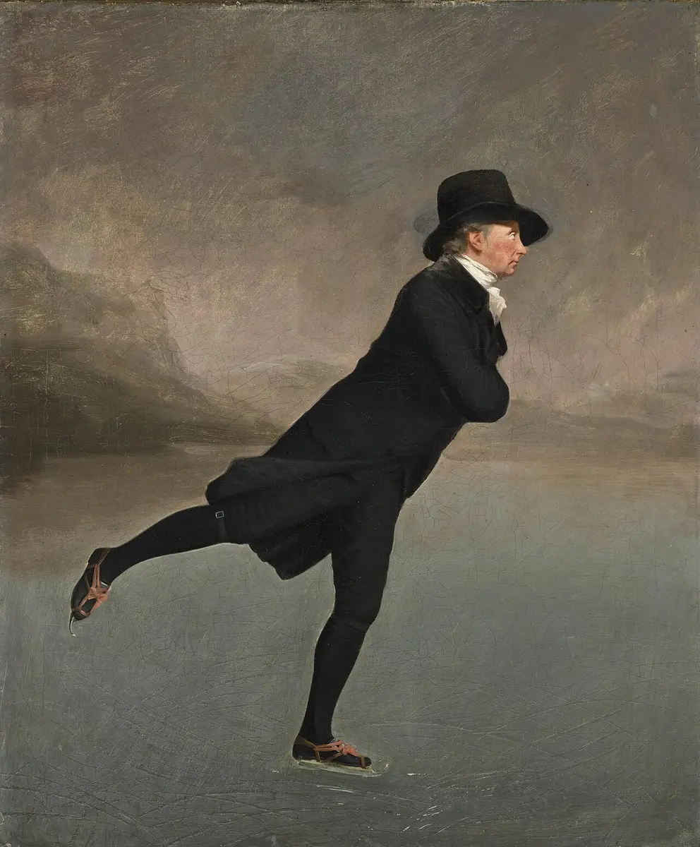 Painting of a minister in a black coat and hat skating across a frozen loch, arms folded