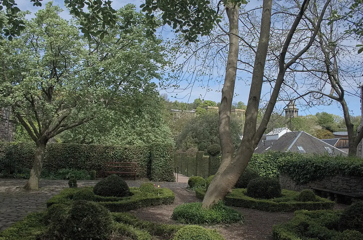 Clipped box hedges, topiary and trees in Dunbar’s Close Garden, laid out in 17th-century style