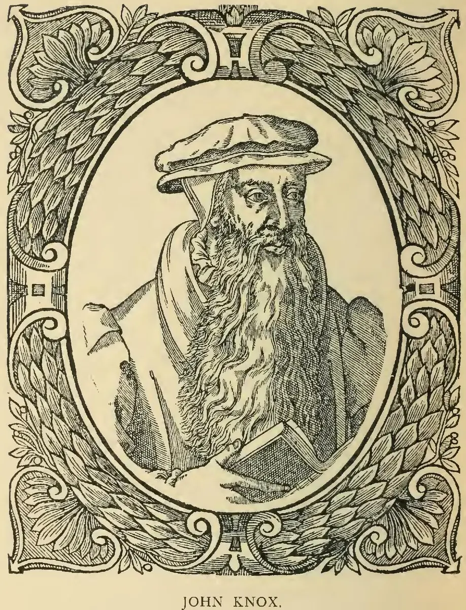 Woodcut portrait of John Knox with a long beard and a cap, in an oval frame