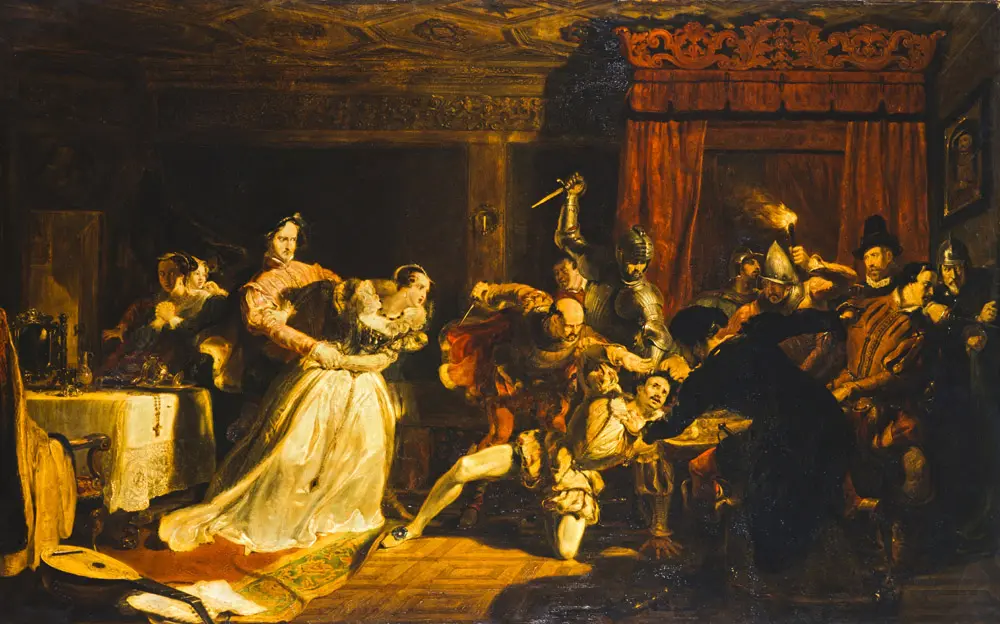 Painting of armed lords seizing David Rizzio in a candlelit room while Mary, Queen of Scots, in white, is held back