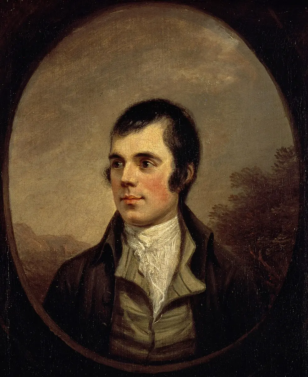 Oval portrait of Robert Burns in a dark coat and white cravat against a landscape