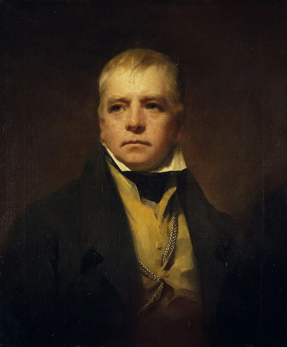 Portrait of Walter Scott with white hair, in a dark coat and yellow waistcoat