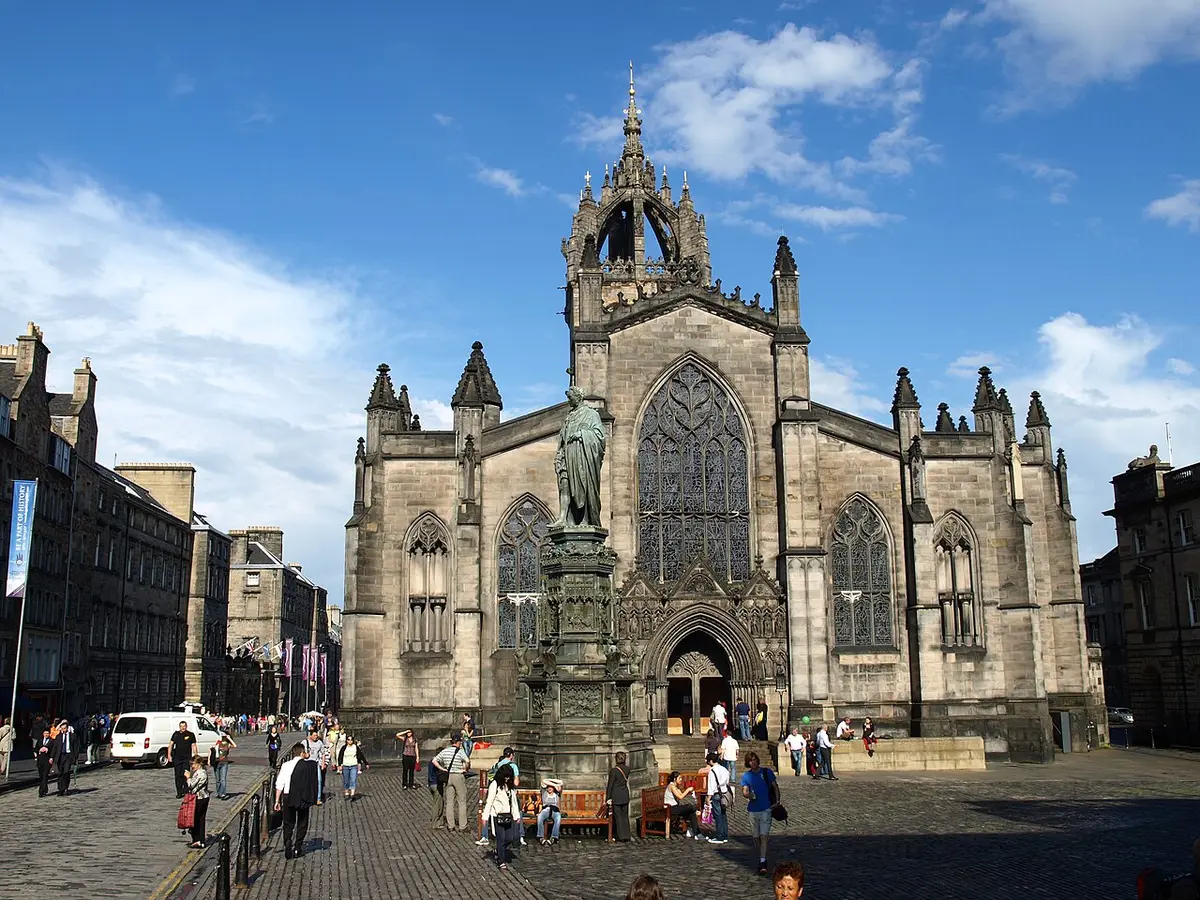The west front of St. Giles’ Cathedral and its crown spire on the Royal Mile