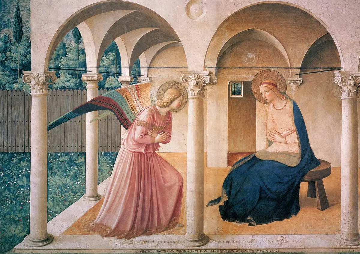 Fresco of the angel Gabriel bowing before Mary under a loggia of slender columns, a garden behind a fence