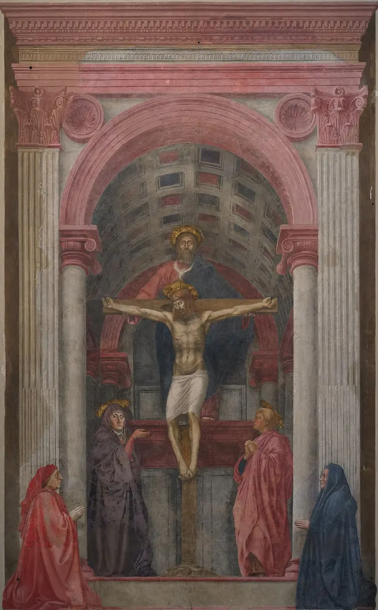 Masaccio fresco of the Trinity under a painted barrel vault, the Virgin and Saint John beside the cross and two donors kneeling below