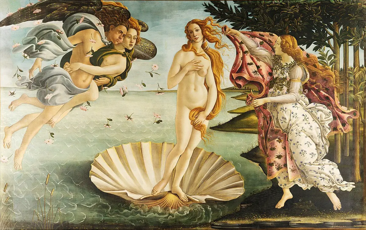 Botticelli painting of Venus standing on a shell, blown ashore by the winds, a nymph waiting with a cloak