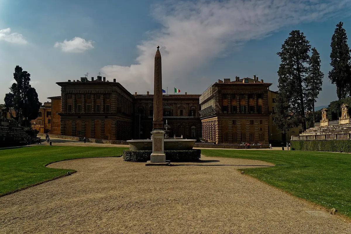 The amphitheater of the Boboli Gardens with an Egyptian obelisk in the middle and Palazzo Pitti behind it