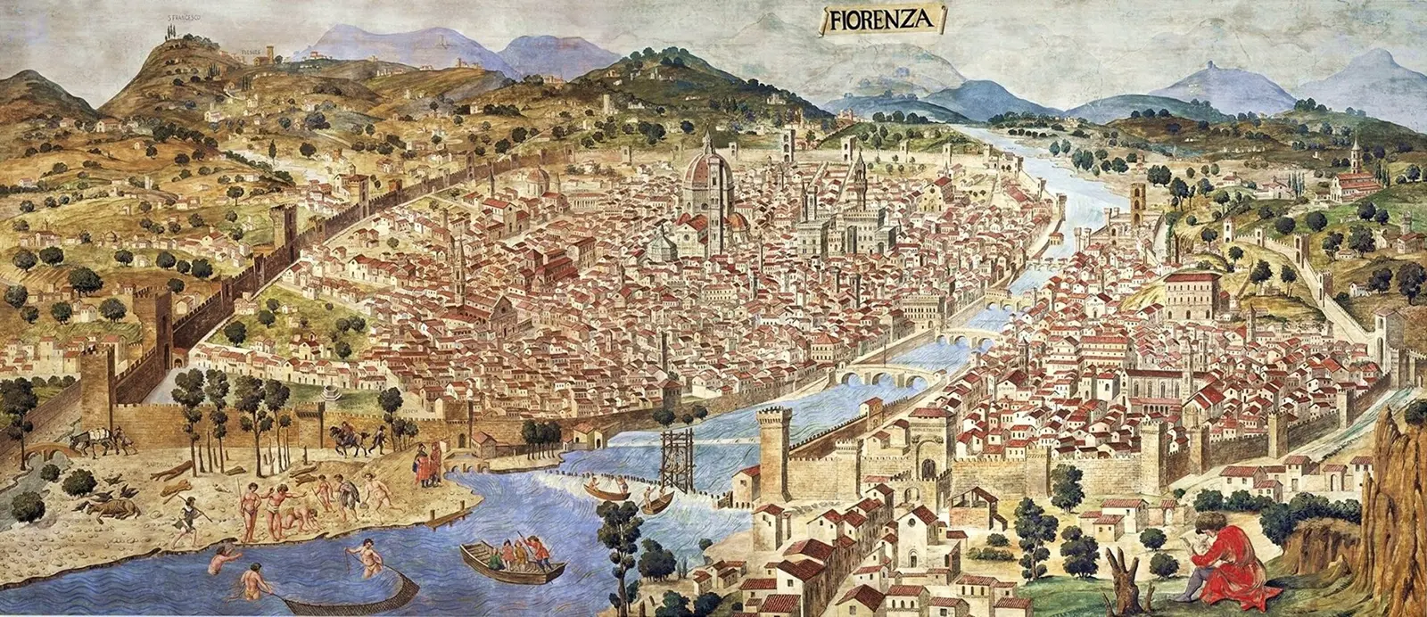 Panoramic painting of Renaissance Florence inside its walls, the cathedral dome in the middle and the Arno with its bridges in front