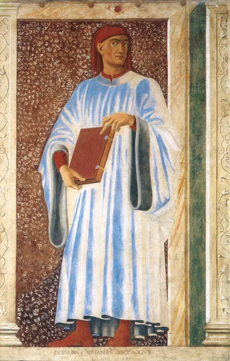 Fresco of Boccaccio standing in a long pale robe and a red cap, holding a book